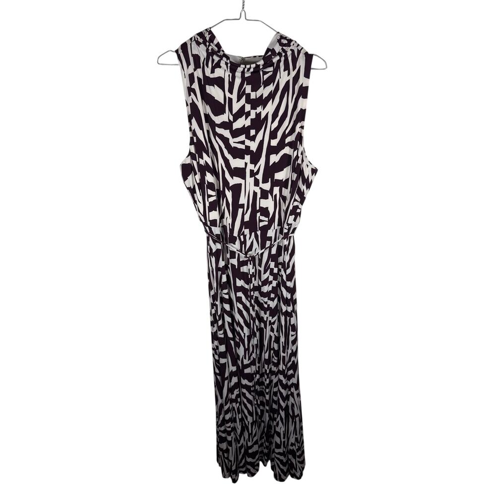 Calvin Klein Abstract Print Maxi Dress XL Plum White NWT Tie Waist